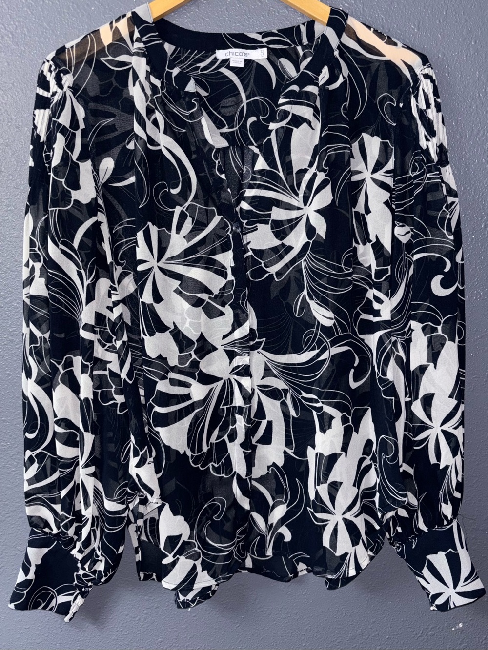 Chico's Black and White Floral Sheer Blouse